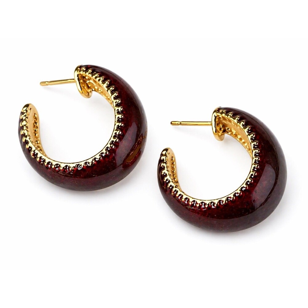 Vintage Burgundy Oxblood Cabochon Half Hoop Earrings Gold Tone Retro 1980s